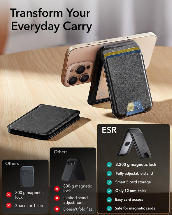 ESR Upgraded for Magsafe Wallet, 5 Card Holder, RFID Blocking, Magnetic Wallet for Iphone with Adjustable Stand, Slim for Iphone 16/15/14/13/12 Series, Not for 13/12 Mini, Vegan Leather, Black