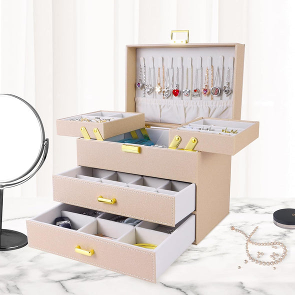 Jewelry Organizer Box, Jewelry Holder Organizer Box, PU Leather Jewelry Box, Gift Idea for Valentine'S Day, Birthday, Mother'S Day, Christmas (Champagne)