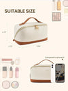 Telena Makeup Bag Large Capacity Travel Cosmetic Bag Portable PU Leather Water Resistant Makeup Organizer Bags for Women with Handle and Divider Open Flat Beige with Brown