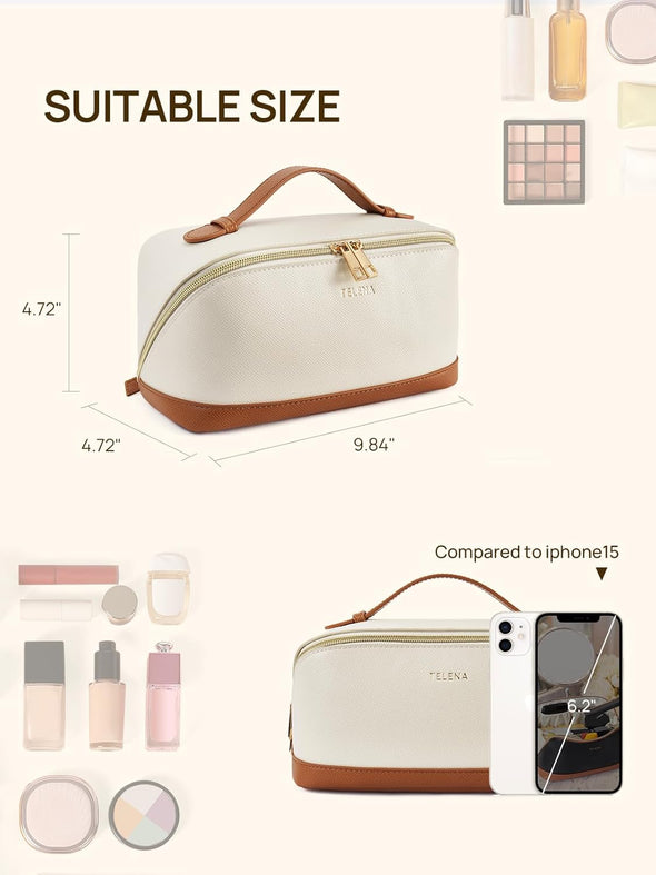 Telena Makeup Bag Large Capacity Travel Cosmetic Bag Portable PU Leather Water Resistant Makeup Organizer Bags for Women with Handle and Divider Open Flat Beige with Brown