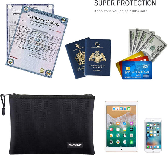JUNDUN Fireproof Document Bags,14.2”X 10.0”Waterproof and Fireproof Money Bag with Aluminum Foil Lining,Fireproof Safe Storage Pouch with Zipper for Document and Cash，Black