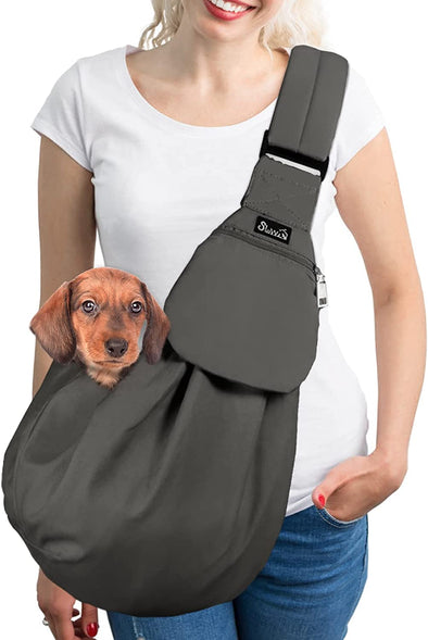 Slowton Dog Carrier Sling - Thick Padded Adjustable Shoulder Strap Dog Carriers for Small Dogs, Puppy Carrier Purse for Pet Cat with Front Zipper Pocket Safety Belt Machine Washable (Grey L)