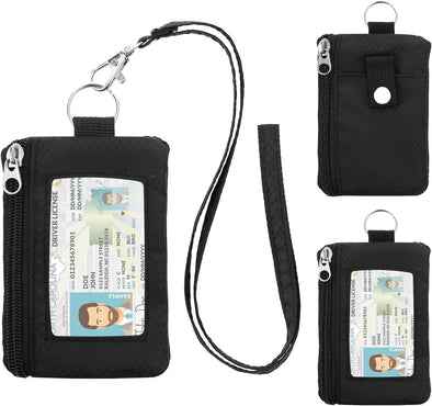Minimalist RFID Wallet with Lanyard, Multi-Functional ID Case with 2 Zipper Pockets and Key Chain for Men and Women, Tactical Badge Pouch Cards Holder, Coin Purse for Travel Sports-Black