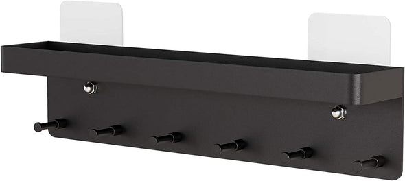 MKO Key Holder Wall Mount, Key Holder Wall Mount Adhesive with Mail Organizer Tray with 6 Key Hooks for Wall, Black
