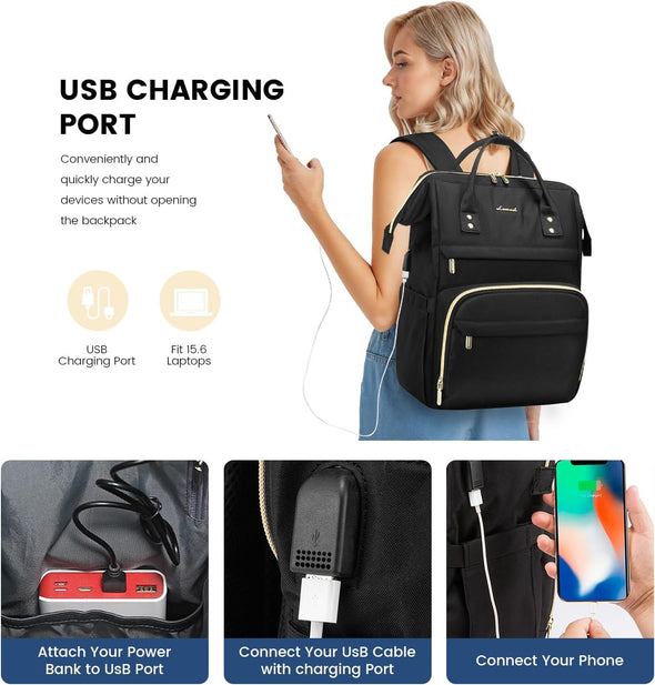 anti theft laptop travel backpack with usb plug charging port LOVEVOOK Leather Laptop Backpack 15.6-18 Inch Water-Resistant PU Leather USB Port, Black / 17 Inch
