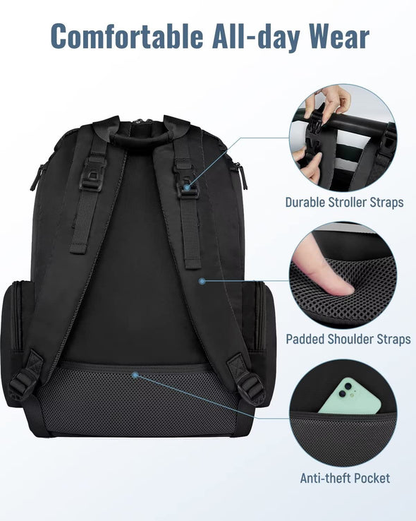 Mancro Diaper Bag Backpack, Multifunctional Dad Diaper Bag with 2 Side Insulated Pockets, Travel Water Resistant Baby Diaper Backpack for Men Women with Stroller Straps, Black