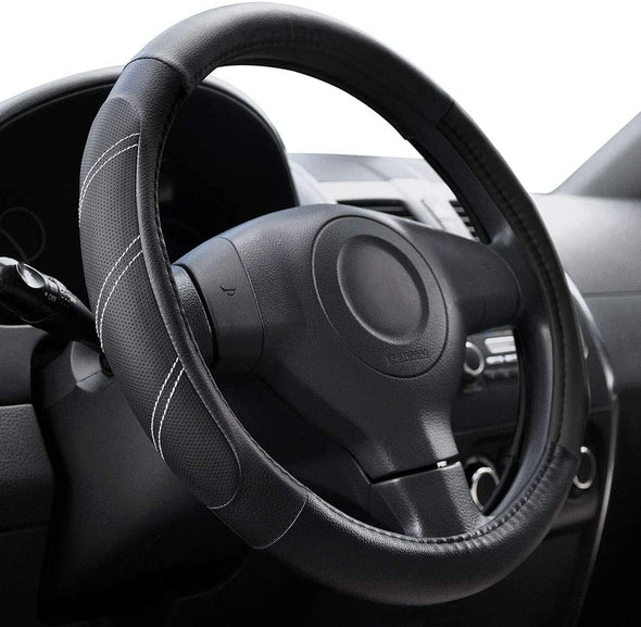 Elantrip Sport Leather Steering Wheel Cover 14 1/2 Inch to 15 Inch Universal, Padded Soft Grip Breathable for Car Truck SUV Jeep, anti Slip Odorless Black