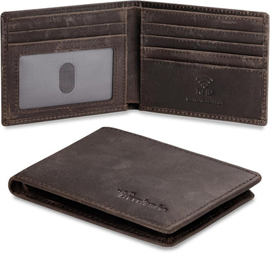 Real Leather Mens Bifold Wallet RFID Blocking Slim Minimalist Front Pocket - Thin & Stylish with ID Window in Gift Box (Crazy Horse, Coffee)