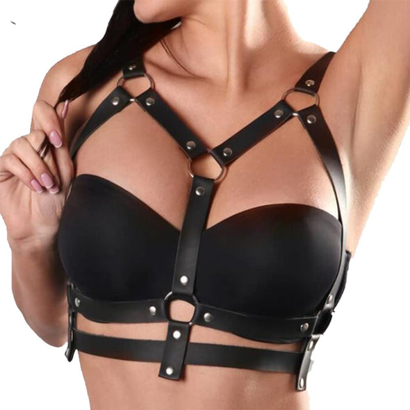 Wiwpar Punk Black Leather Chest Harness Body Waist Chain Belt Rave Nightclub Sexy Belly Bra Jewelry Accessory for Women Girls