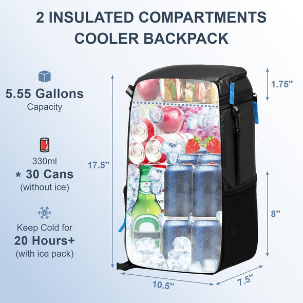 Backpack Cooler Insulated Leak Proof 30/45 Cans, 2 Insulated Compartments Thermal Bag, Portable Lightweight Beach Travel Camping Lunch Backpack for Men and Women