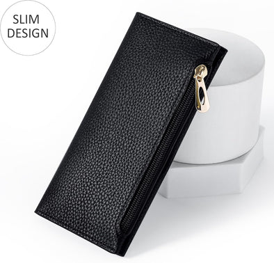 Ultra Slim Wallet for Women Bifold Leather RFID Blocking Credit Card Holder Ladies Womens Wallet with Zip Pocket
