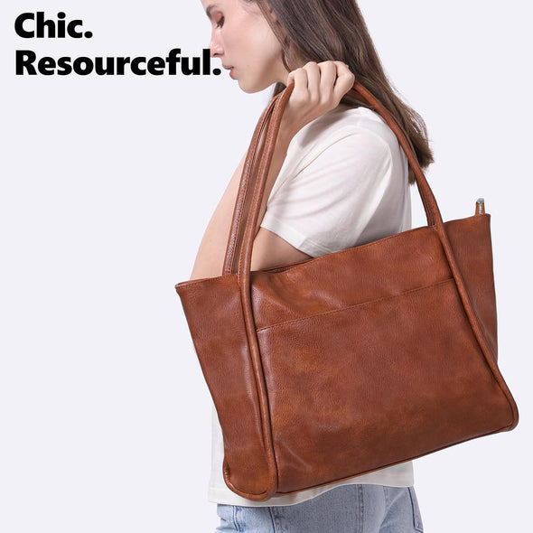 Large Tote Bag for Women Work with Zipper 16L Vegan Leather Ladies Travel Purses and Handbags