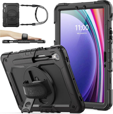 SEYMAC Stock Case for Samsung Galaxy Tab S10 FE / S9 / S9 FE 5G Tablet Case Protective with Screen Protector, Pencil Holder, 360 Rotate Stand, Hand Strap, Shoulder Strap, Black1