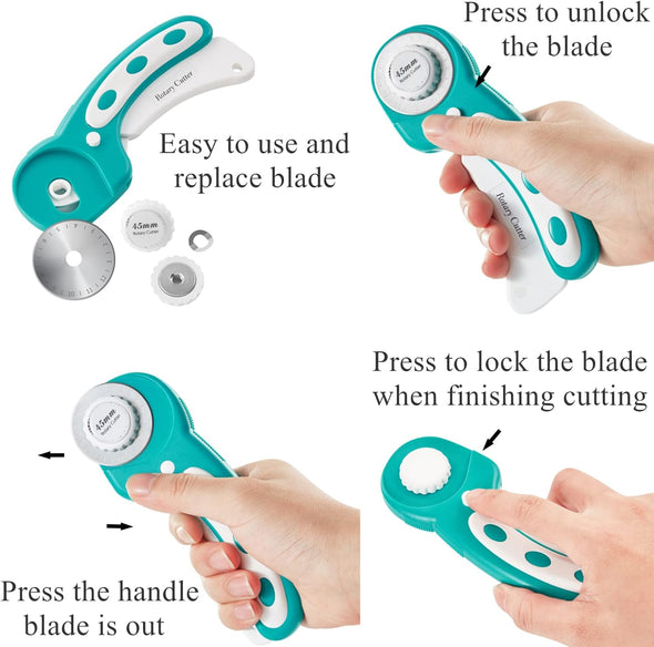 45Mm Rotary Cutter with 5Pcs Extra Blades, Ergonomic Handle Rolling Cutter with Safety Lock for Fabric, Leather, Crafting, Sewing, Quilting, Fabric Rotary Cutter Perfect for Left & Right Hand (Green)