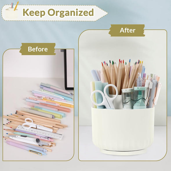 SKYDUE 360 Degree Rotating Desk Organizer, Dual-Purpose Pencil Pen Holder for Desk, Rotating Pencil Cup with 5 Slots, Office Supplies, Desk Decor for Office, School, Home, White, 12287XZBT