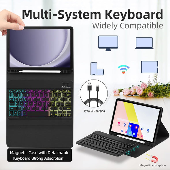 Case with Keyboard for Samsung Galaxy Tab A9 plus 11 Inch (SM-X210/X215/X216/X218),7 Color Rainbow Backlight Detachable USB-C Keyboard Magnetic Case with Pen Slot for Tablet A9+ 5G Black