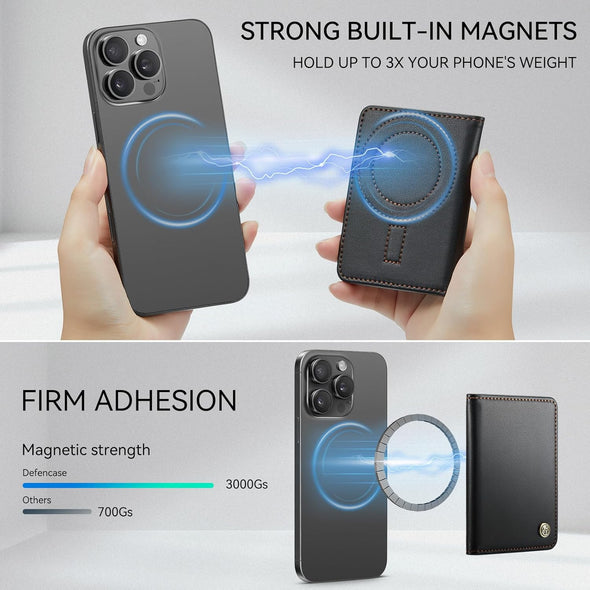 Defencase for Magsafe Wallet Magnetic Card Holder RFID Blocking, PU Leather Minimalist Phone Wallet Compatible with Magsafe Phones and Cases for Iphone 16/15/ 14/13/ 12/ Pro/Max/Plus, Black