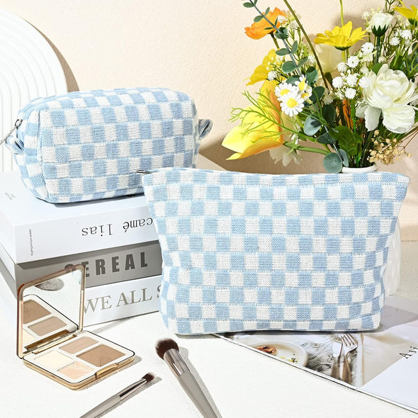 2 Pieces Makeup Bag Large Checkered Cosmetic Bag Capacity Canvas Mix Travel Toiletry Bag Organizer Cute Makeup Brushes Aesthetic Accessories Storage Bag for Women, Checkered Mix Blue