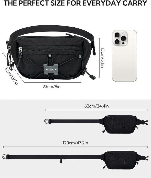 WATERFLY Lightweight Small Fanny Pack: 1.5L Mini Slim Crossbody Waist Belt Hip Bag with RFID Blocking, Anti-Theft & Water Resistant Pouch for Women Men Travel Hiking Running Walking EDC - Black