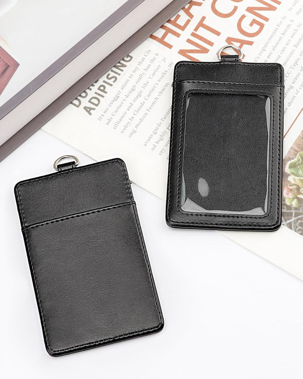 Teskyer Badge Holder, Leather ID Card Holder with Lanyard for ID Badges, Vertical Style, Black