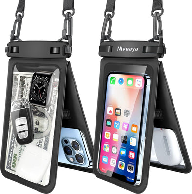 Niveaya Double Space Waterproof Phone Pouch - 2 Pack, Waterproof Phone Lanyard Case with Iphone 16/15/14/13/12 Pro Max up to 8.3", Phone Dry Bags for Vacation Beach Pool Kayak Cruise Travel Essentials