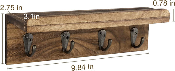 Rustic Key Holder for Wall, Farmhouse Wall Shelf with 4 Hooks, Wall Mounted Key Racks, Wooden Mail Organizer with Hooks for Entryway (Brown)
