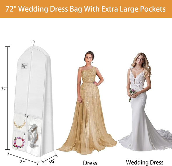 72" Wedding Dress Garment Bag with 10'' Gusseted Dress Bags for Gowns Long 4 Pockets Dress Cover for Women, White