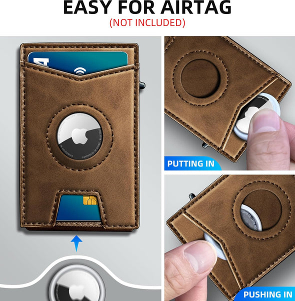Airtag Wallet Mens Wallet with Money Clip Gift Boxed,Slim Front Pocket Wallet RFID Blocking Pop-Up Card Case in Magnetic Leather Flip
