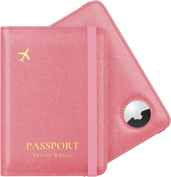 Stouchi Airtag Passport Holder, Cute Passport Holder with Airtag Slot, RFID Passport Wallet Cover for Women, Family Leather Passport Protector Case, Anti-Lost Travel Essentials, Pink