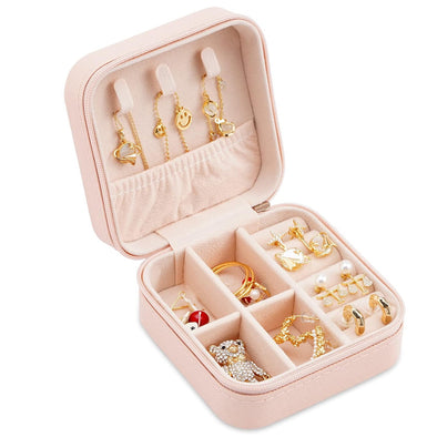 Portable Travel Mini Jewelry Box Leather Jewellery Ring Organizer Case Storage Gift Box Girls Women (Pink).