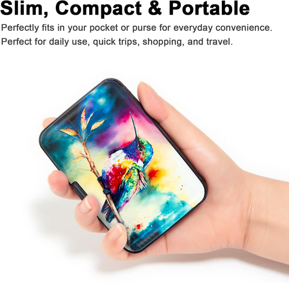 Credit Card Holder for Women Men RFID Blocking Wallet Small Business Metal Slim Mini Aluminum Hard Case (Watercolor Painting Hummingbird)