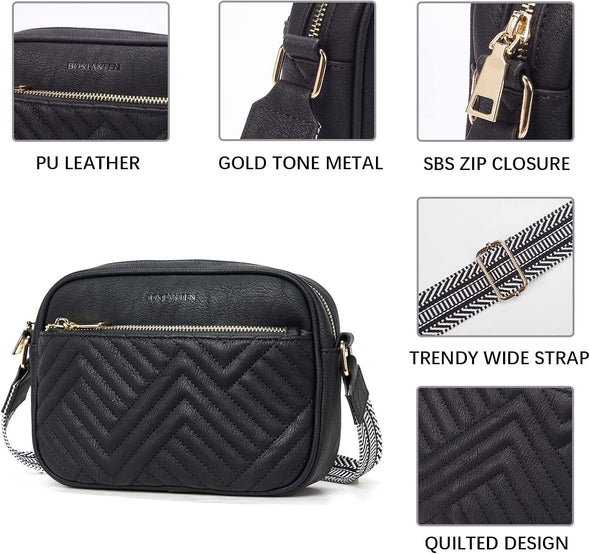 BOSTANTEN Quilted Crossbody Bags for Women Vegan Leather Purses Small Shoulder Handbags with Wide Strap