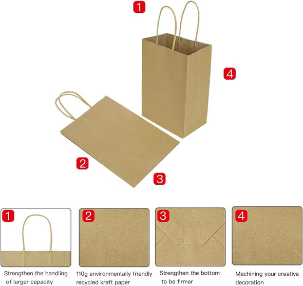 Bagmad 100 Pack 5.25X3.25X8 Inch Brown Small Paper Bags with Handles Bulk, Gift Paper Bags, Kraft Birthday Party Favors Grocery Retail Shopping Takeouts Business Craft Sacks (Plain Natural 100Pcs)