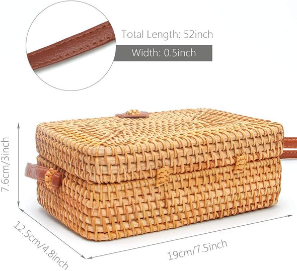 Crazypiercing Wicker round Square Crossbody Rattan Bag, Women Boho Bag Clutch Woven Handbag
