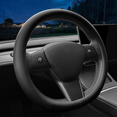 LKWLIKEI Nappa Leather Ultra-Thin Steering Wheel Cover, for Tesla Model 3/Y Steering Wheel Cover, Non-Slip Design and Interior Modification of Car Accessories (Black)