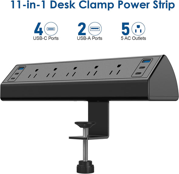 Desk Clamp Power Strip USB C,40W Total Fast Charging Station,4 PD 20W USB C Ports,Desk Edge Mount Power Strip 6 USB Ports 5 AC Outlets Surge Protector,Fit 1.96" Tabletop Edge,Etl Listed