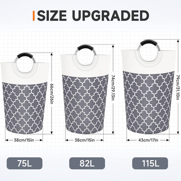 Large Laundry Basket Laundry Hamper Bag Washing Bin Clothes Bag Collapsible Tall with Handles Waterproof Travel Bathroom College Essentials Storage for College Dorm, Family (Grey) 82L