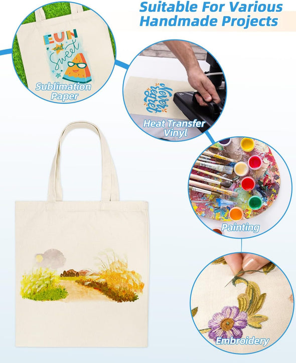 Lzerking Canvas Tote Bag Bulk 24 Pack 14X15 Inches Sublimation Tote Bags, 10Oz Lightweight Medium Reusable Grocery Shopping Cloth Bags for Heat Transfer Vinyl