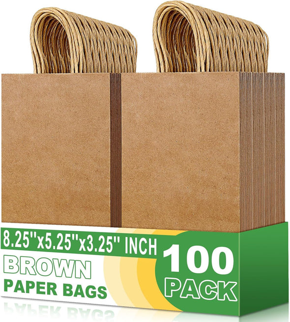 Small Brown Paper Bags with Handle Kraft Gift Bags 100 Pack, 5.25X3.25X8.25 Inch Small Gift Bag for Wedding, Christmas, Birthday Party Favors, Grocery, Craft, Retail Shopping, Goody, and Business