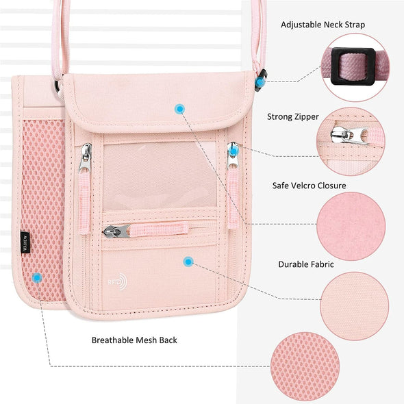 WALNEW Passport Holder Neck Pouch Travel Wallet for Women and Men, RFID Blocking Security Slim Traveling Wallet with around Neck Lanyard Strap