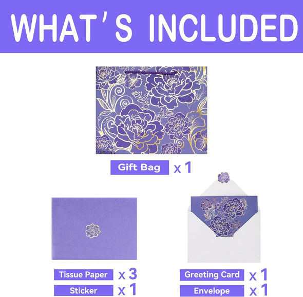 Qirrmiy 13" Large Rose Purple Gift Bag Set with Greeting Card and Tissue Paper for Women or Girls for Celebrating Birthdays, Valentine'S Day, Weddings, Anniversaries, Mother'S Day