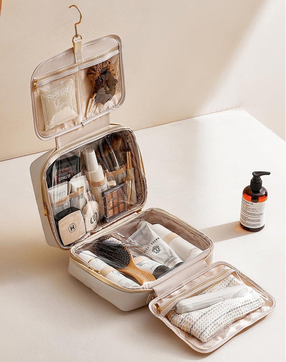 EACHY Toiletry Bag with Hanging Hook, Travel Makeup Bag PU Leather Cos – Kinzd