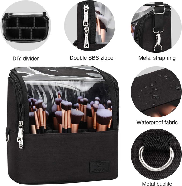 Makeup Brush Case Stand-Up Makeup Cup Travel Professional Cosmetic Bag Artist Storage Bag Large Makeup Brush Bag with Adjustable Divider (Large, Black)