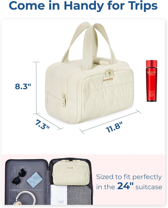 BAGSMART Travel Toiletry Bag, Lightweight Large Wide-Open Travel Bag for Women, Puffy Cosmetic Makeup Bag Organizer with Handle for Accessories,Essentials, Toiletries, Green
