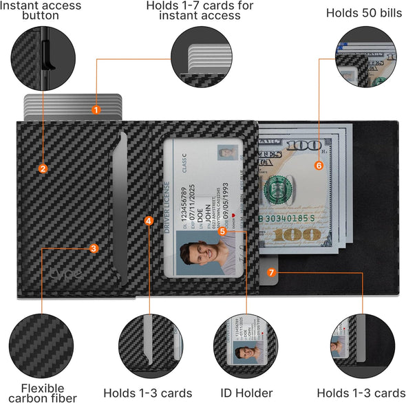 Mens Smart Wallet Card Holder for Airtag: Leather, Compatible with Apple Air Tag, RFID Blocking, Slim, Carbon Fiber, Minimalist - 9-14 Card Capacity | ID Window | Cash Slot (Black)
