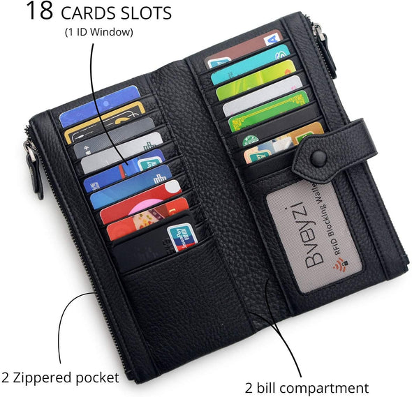 Bveyzi Women Soft Leather RFID Blocking Bifold Slim Wallets Ladies Credit Card Holder Double Zipper Pocket