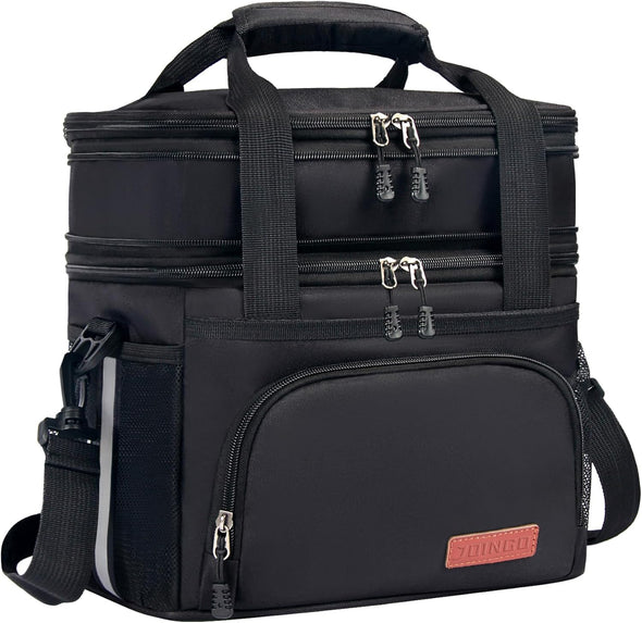 Lunch Box for Men/Women,Large Double-Layer Insulated Expandable Reusable Leakproof Cooler Bags for Adults,Lunch Bag with Adjustable Shoulder Strap for Office Travel Picnic（Black）