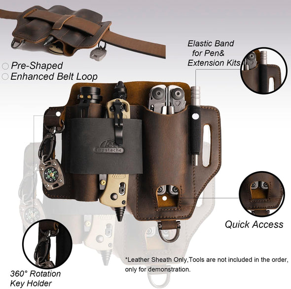 Topstache Leather Multitool Sheath,Edc Belt Organizer for Work and Daily Use,Leatherman Sheath,Edc Pocket Organizer for Flashlight and Multitool,Gifts for Men,Leather Sheath for Multitool