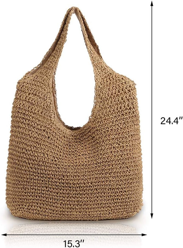 Hand-Woven Soft Large Straw Shoulder Bag Boho Straw Handle Tote Retro Summer Beach Bag Rattan Handbag