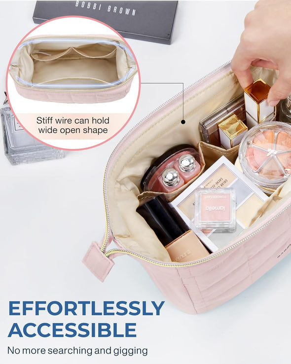 Makeup Bag Travel Toiletry Bag, Puffy Padded Make up Bags for Women Makeup Organizer Case, Wide-Open Pouch Purse Travel Essentials Toiletries Accessories Brushes, Pink